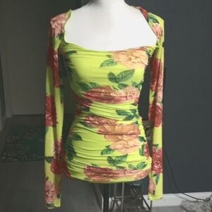 AFRM Mesh Green and Orange Ruched Fitted Mini Dress